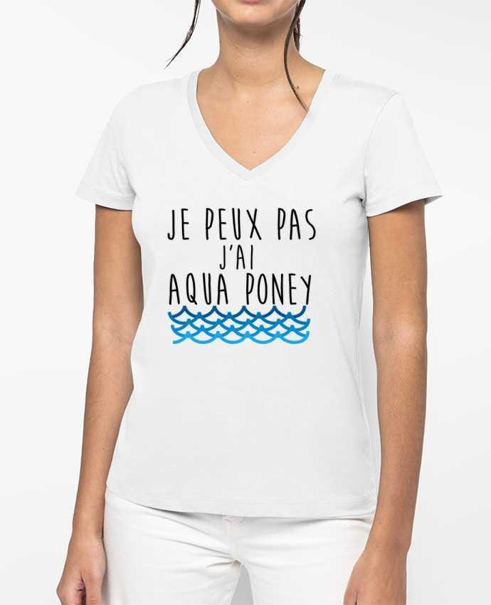 T-shirt femme col V J'peux pas j'ai aqua poney par La boutique de Laura