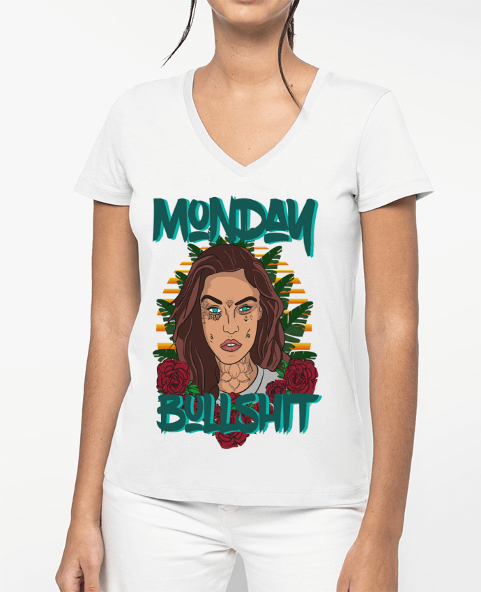 T-shirt écoresponsable col V femme Monday bullshit por 