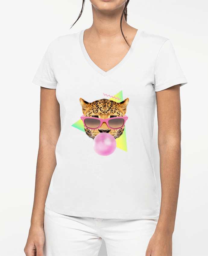 T-shirt écoresponsable col V femme Bubble gum leo por robertfarkas