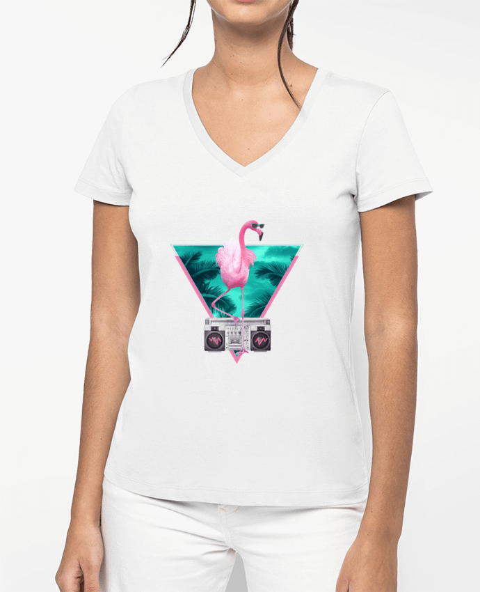 T-shirt femme col V Miami flamingo par robertfarkas