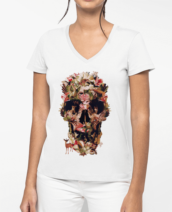 T-shirt femme col V Jungle Skull par ali_gulec