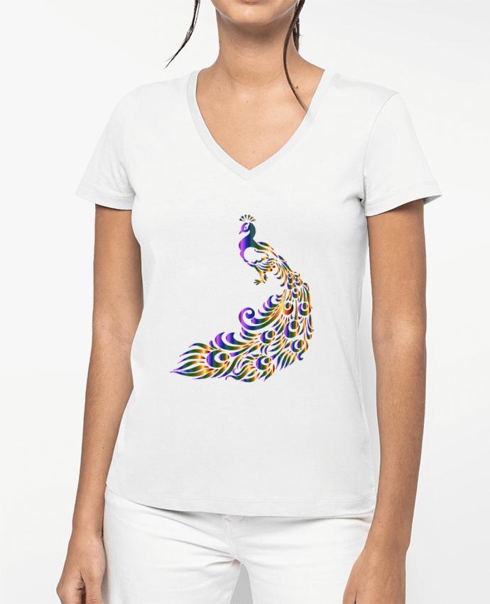 T-shirt femme col V Paon de Héra par Manuela de la Mora