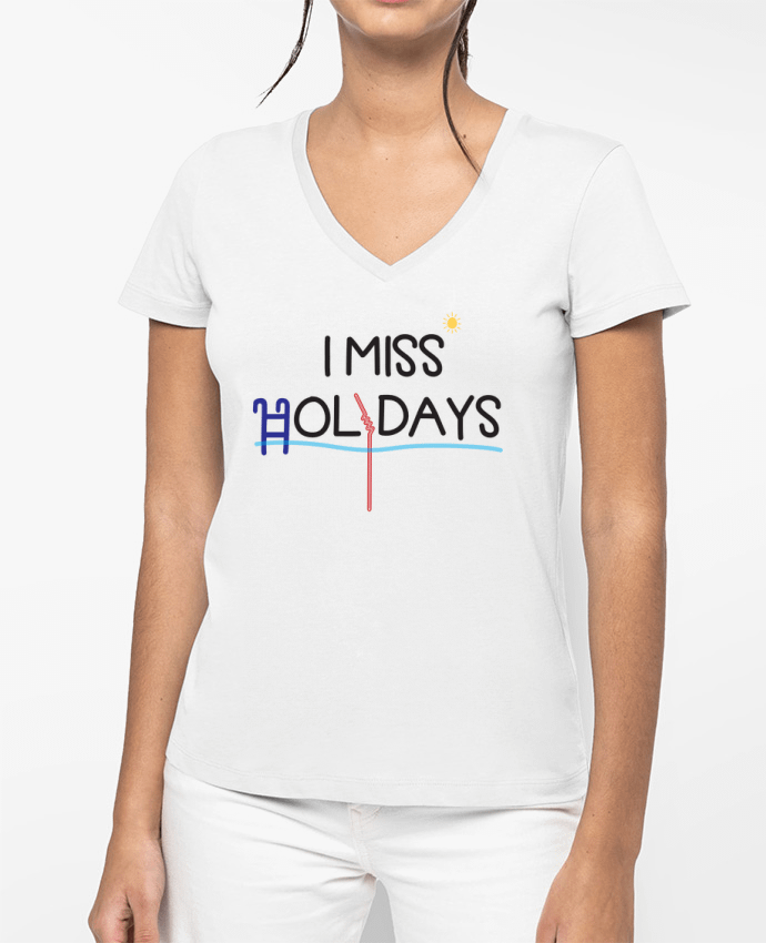 T-shirt écoresponsable col V femme I miss holidays por tunetoo