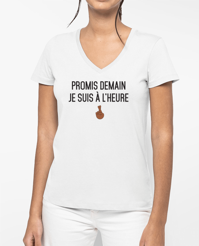 T-shirt femme col V Promis demain je suis à l'heure - black version par tunetoo