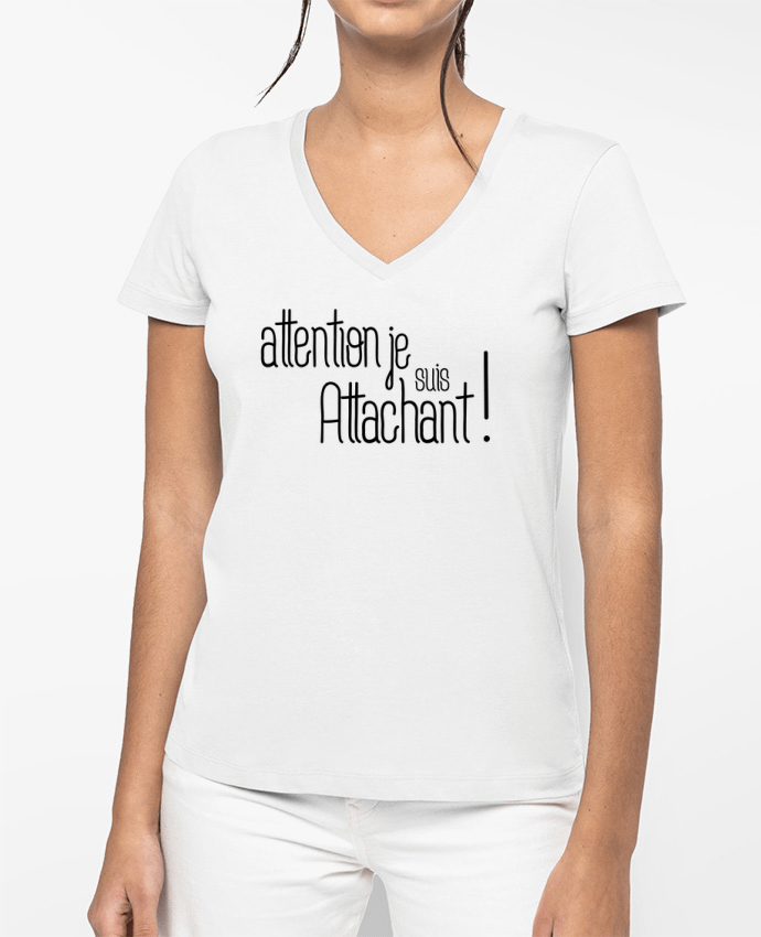 T-shirt écoresponsable col V femme Attention je suis attachant ! por tunetoo