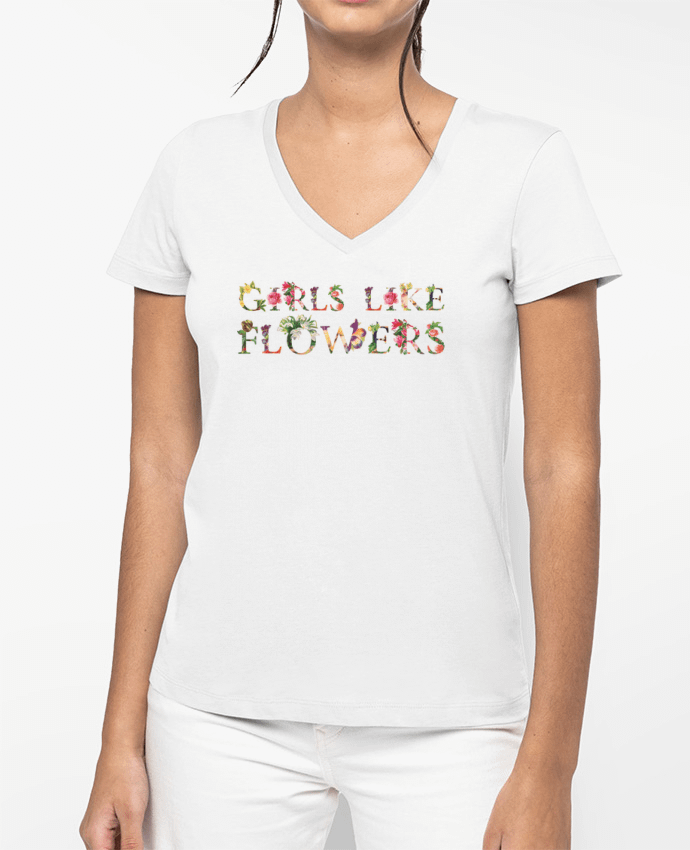 T-shirt écoresponsable col V femme Girls like flowers por tunetoo