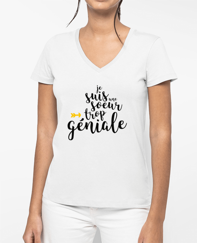 T-shirt écoresponsable col V femme Je suis une soeur trop géniale por tunetoo