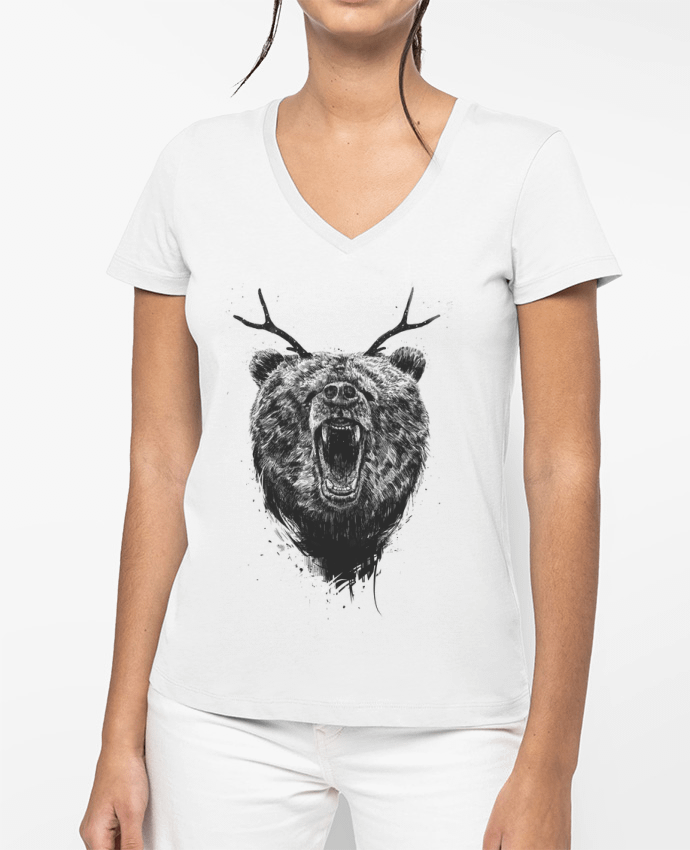 T-shirt femme col V Angry bear with antlers par Balàzs Solti