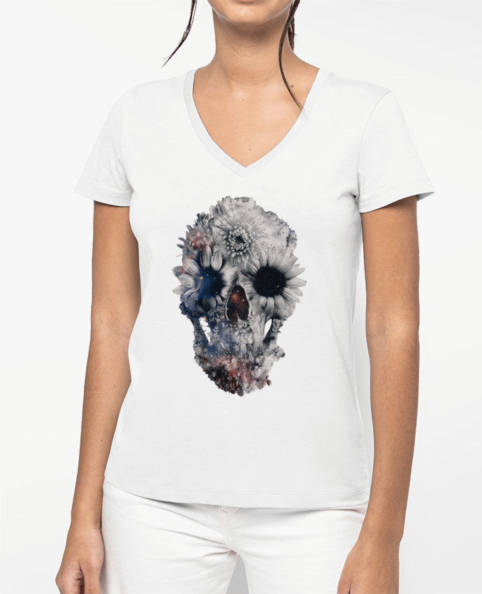 T-shirt femme col V Floral skull 2 par ali_gulec