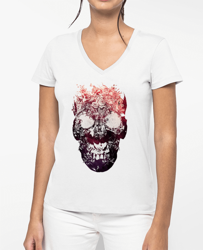 T-shirt femme col V Floral skull par ali_gulec