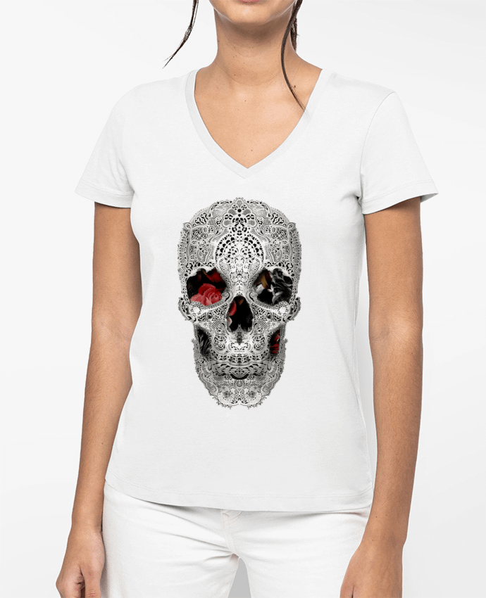 T-shirt femme col V Lace skull 2 light par ali_gulec