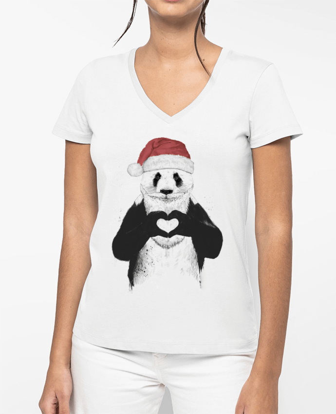 T-shirt femme col V Santa Panda par Balàzs Solti