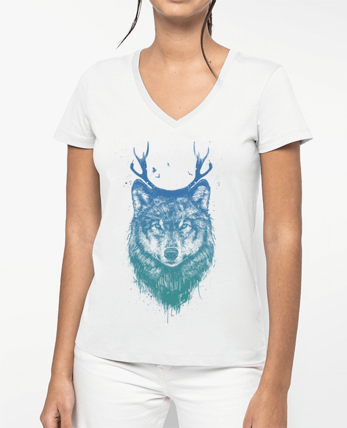 T-shirt femme col V Deer-Wolf par Balàzs Solti