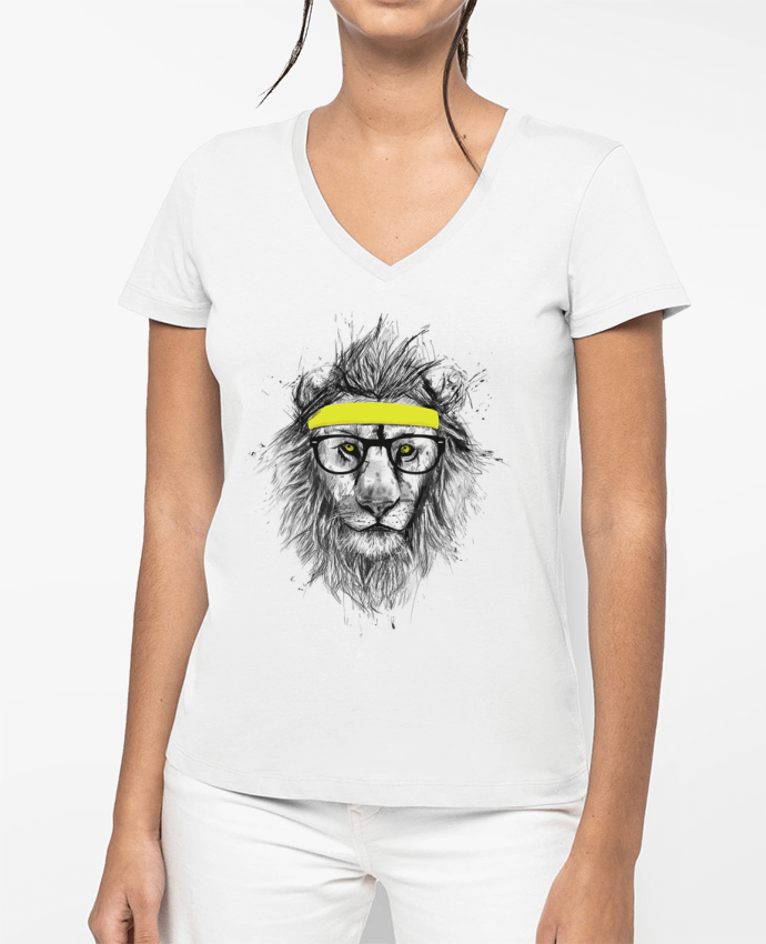 T-shirt écoresponsable col V femme Hipster Lion by Balàzs Solti