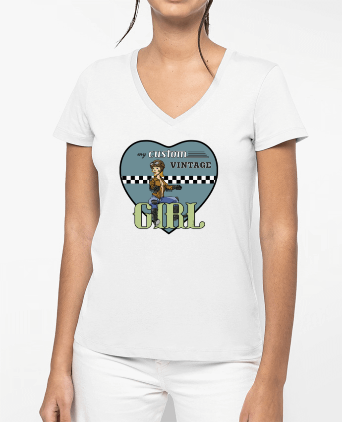 T-shirt femme col V My custom vintage girl par 