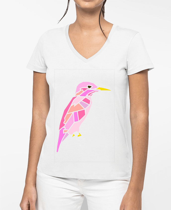T-shirt écoresponsable col V femme oiseau rose by LaurianeT