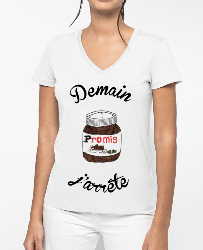 T-shirt femme col V Demain j'arrête le Nutella par Promis