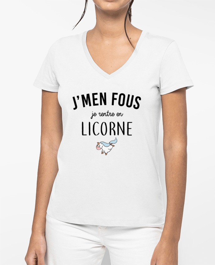 T-shirt femme col V J'men fous je rentre en licorne par La boutique de Laura