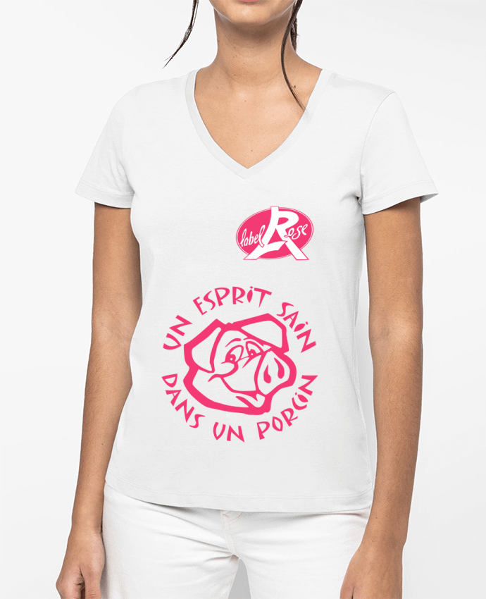 T-shirt femme col V un esprit sain dans un  porcin par LabelRose