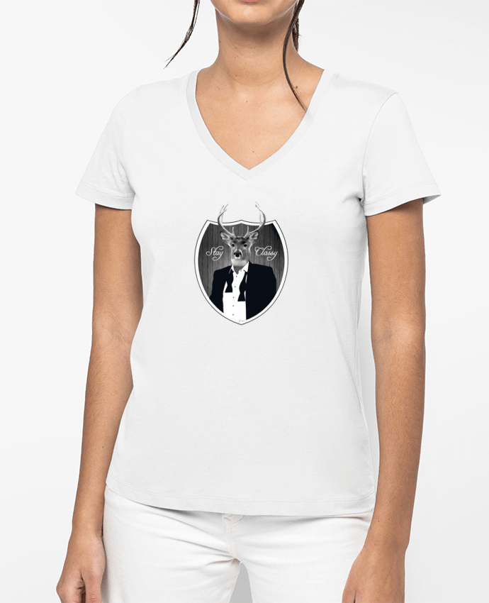 T-shirt femme col V Cerf Stay classy par justsayin