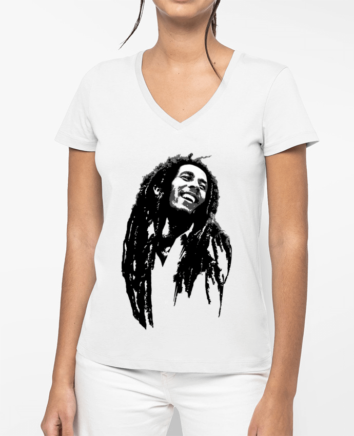 T-shirt écoresponsable col V femme Bob Marley por Graff4Art