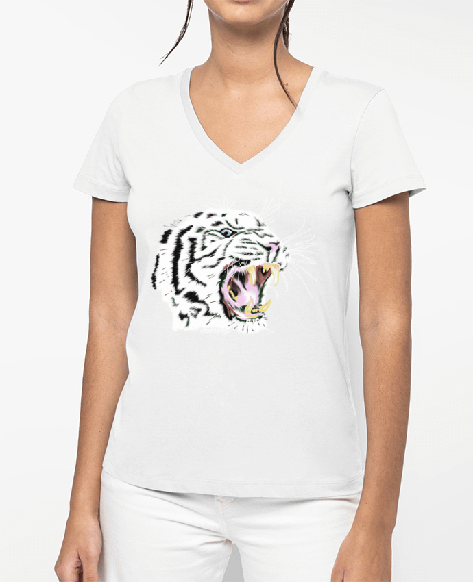 T-shirt femme col V Tigre blanc rugissant par Cameleon