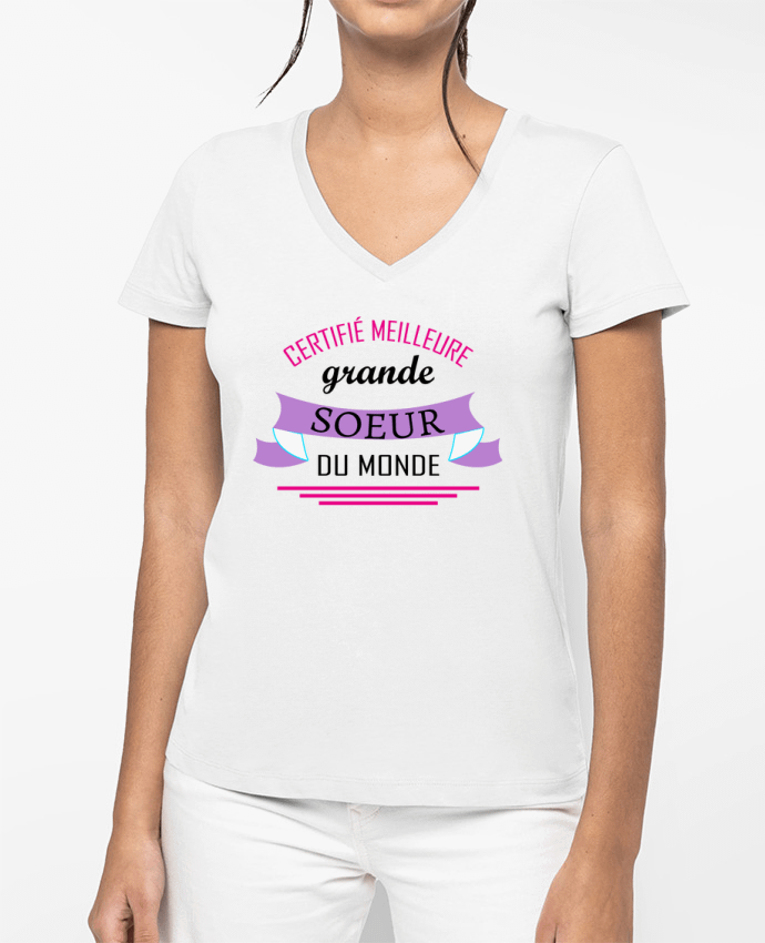 T-shirt écoresponsable col V femme Certifié meilleure grande sœur du monde by tunetoo
