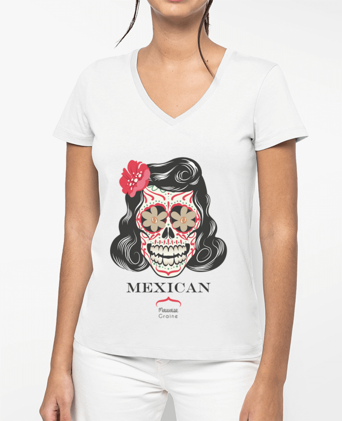 T-shirt femme col V Mexican crane par Mauvaise Graine