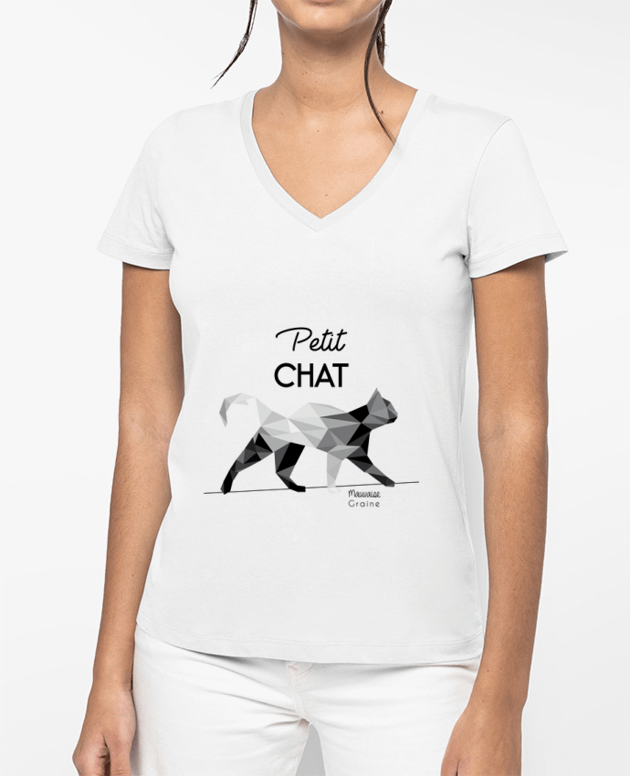 T-shirt femme col V Petit chat origami par Mauvaise Graine