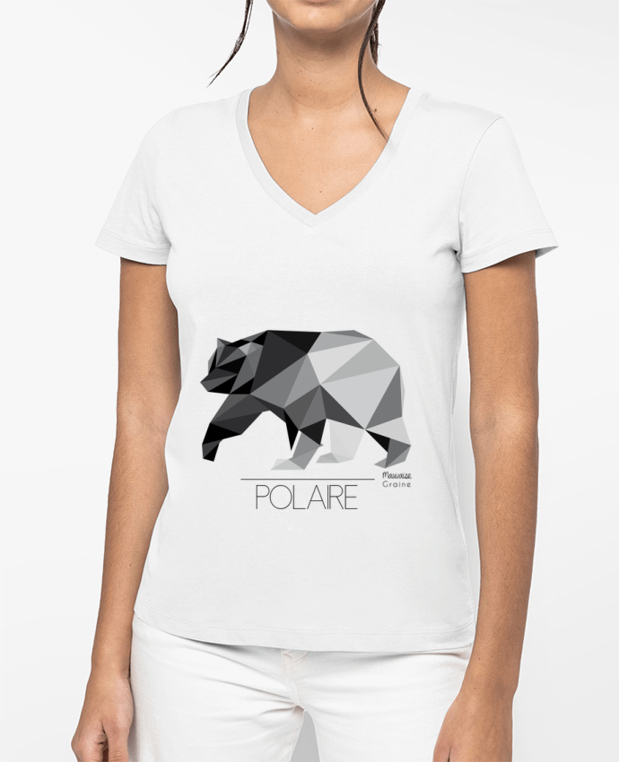 T-shirt femme col V Ours polaire origami par Mauvaise Graine