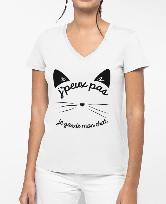 T-shirt femme col V Je peux pas je garde mon chat par FRENCHUP-MAYO