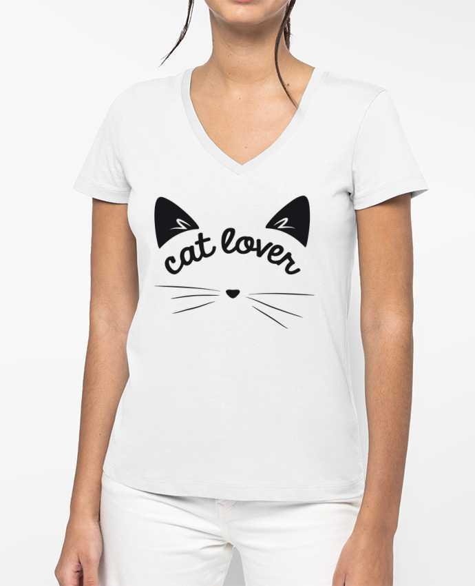 T-shirt écoresponsable col V femme Cat lover by FRENCHUP-MAYO
