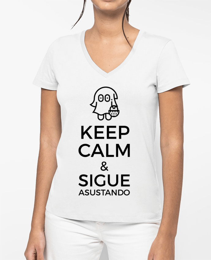 T-shirt femme col V Keep Calm and Sigue Asustando par tunetoo