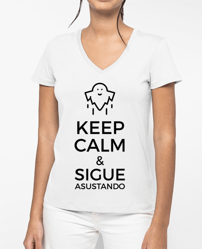 T-shirt femme col V Keep Calm and Sigue asustando ghost par tunetoo