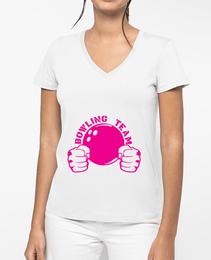 T-shirt écoresponsable col V femme bowling team poing fermer logo club por Achille