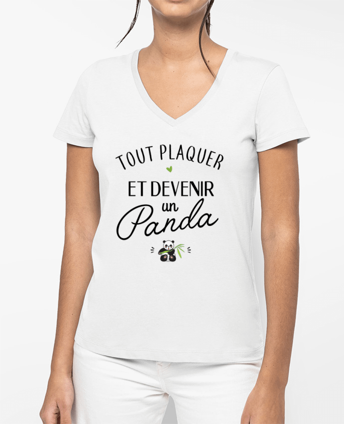 T-shirt écoresponsable col V femme Tout plaquer et devenir un panda by La boutique de Laura