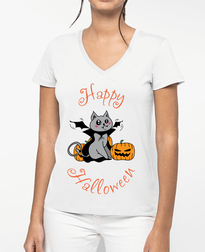 T-shirt femme col V Cut Cat Halloween - Chat vampire par 