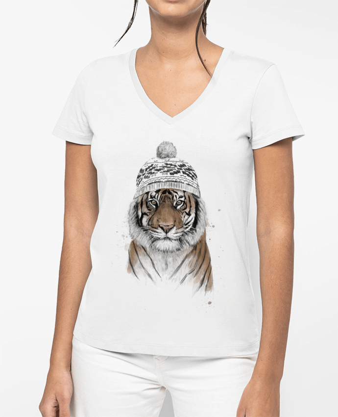 T-shirt femme col V Siberian tiger par Balàzs Solti
