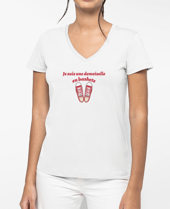 T-shirt femme col V Je suis une demoiselle en baskets par tunetoo