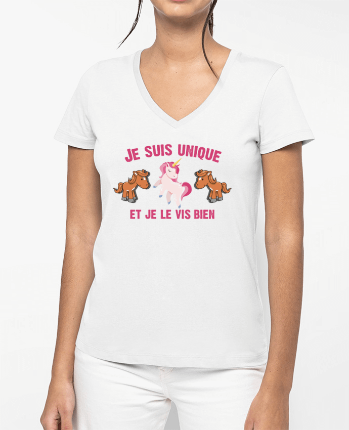 T-shirt femme col V Je suis unique et je le vis bien par tunetoo