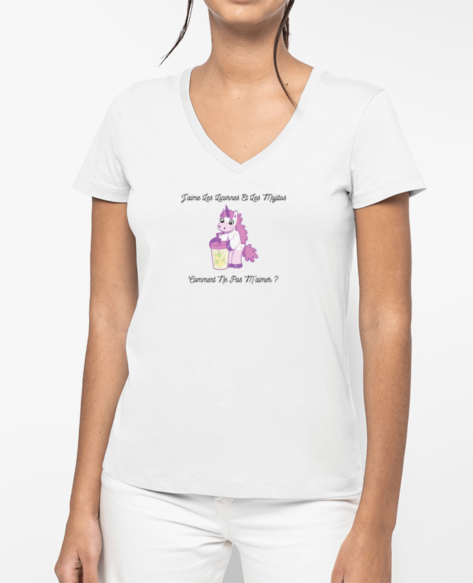 T-shirt femme col V J'aime les licornes et les mojitos. Comment ne pas m'aimer ? par tunetoo