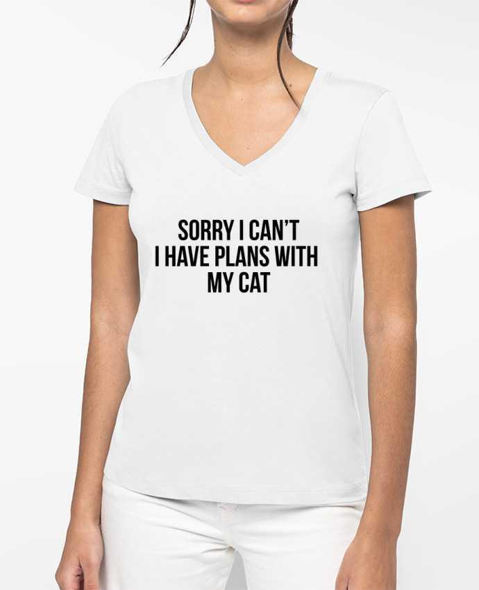 T-shirt écoresponsable col V femme Sorry I can't I have plans with my cat by Bichette