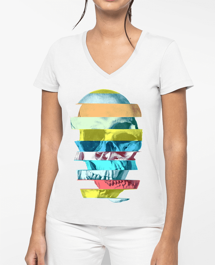 T-shirt femme col V Glitch Skull par ali_gulec