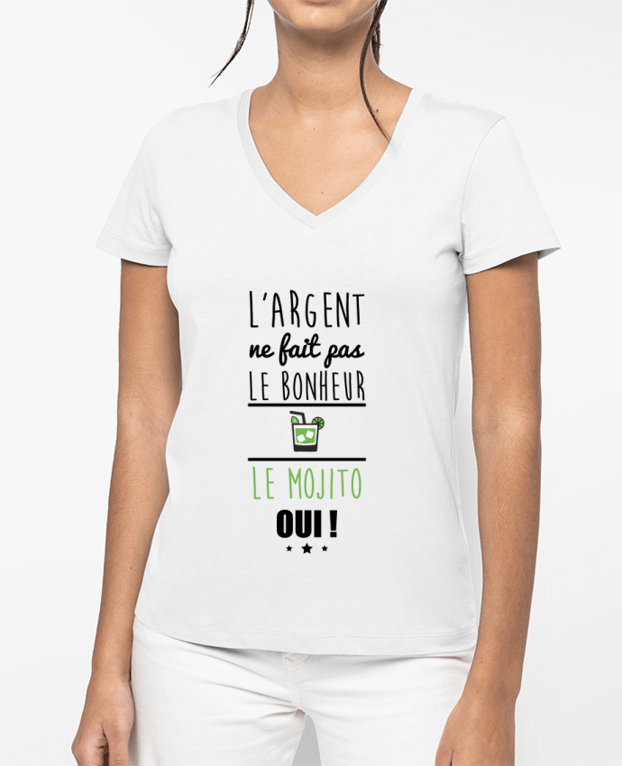 T-shirt femme col V L'argent ne fait pas le bonheur le mojito oui ! par Benichan