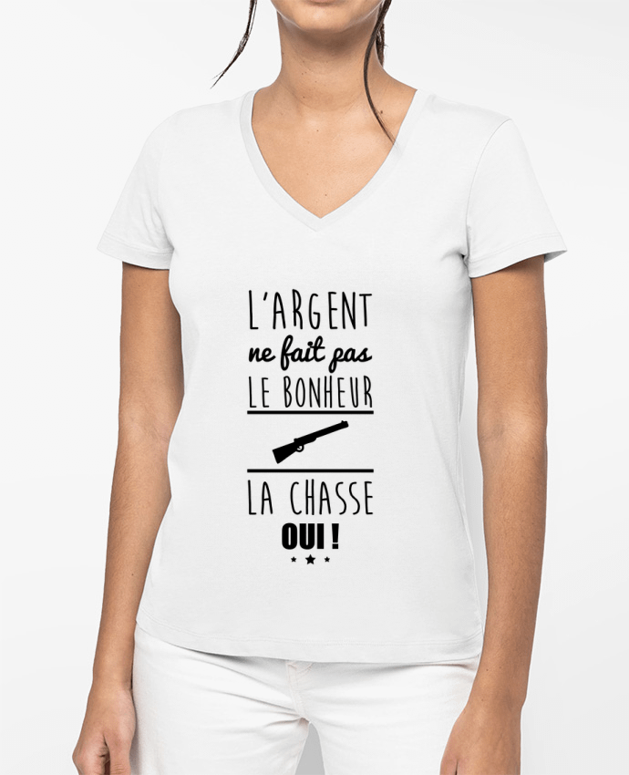 T-shirt femme col V L'argent ne fait pas le bonheur la chasse oui ! par Benichan