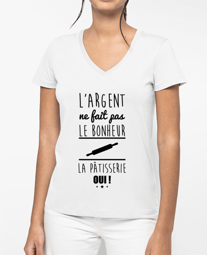 T-shirt écoresponsable col V femme L'argent ne fait pas le bonheur la pâtisserie oui ! por Benichan