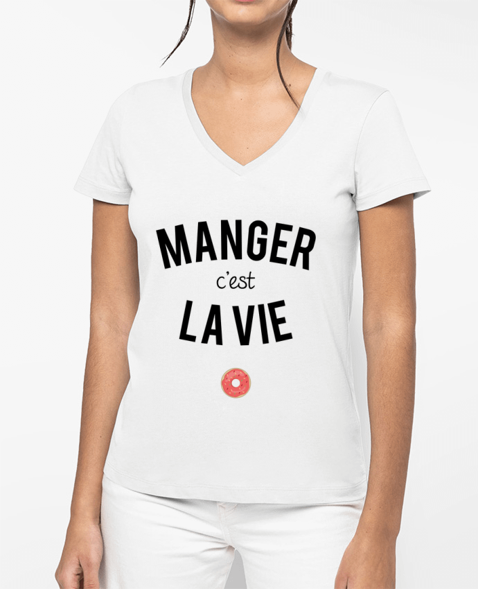 T-shirt écoresponsable col V femme Manger c'est la vie por tunetoo