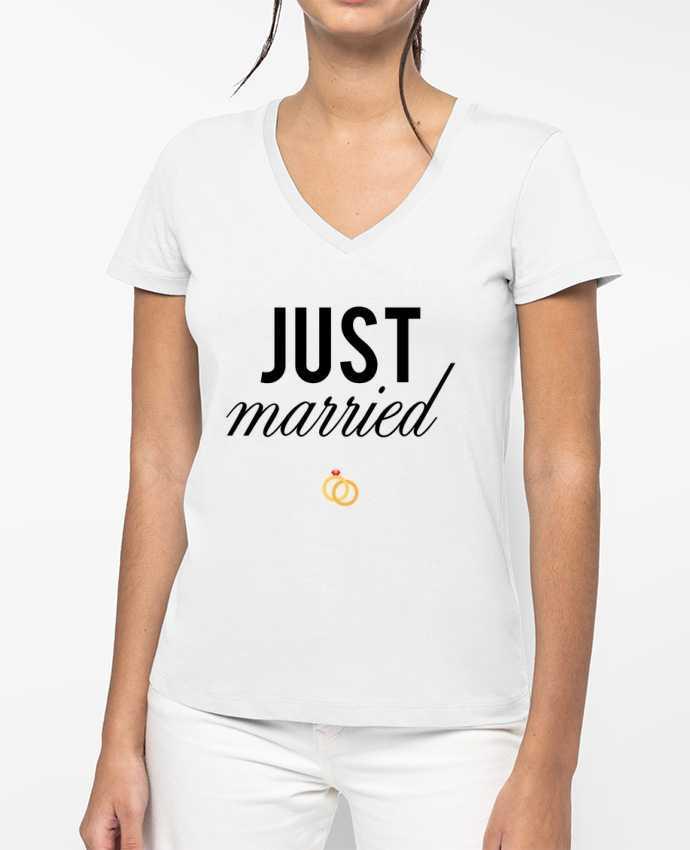 T-shirt femme col V Just married par tunetoo