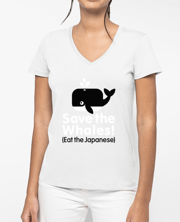 T-shirt femme col V SAVE THE WHALES EAT THE JAPANESE par LaundryFactory