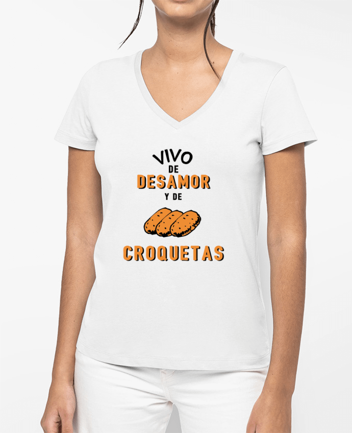 T-shirt femme col V Vivo de desamor y de croquetas par tunetoo